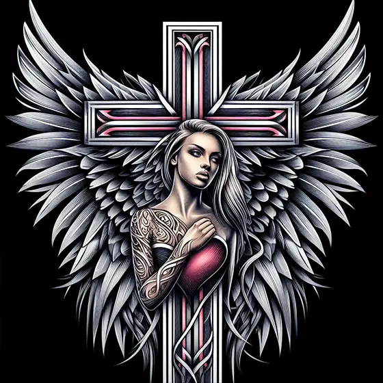 Cross with a heart or angel wings tattoo 2