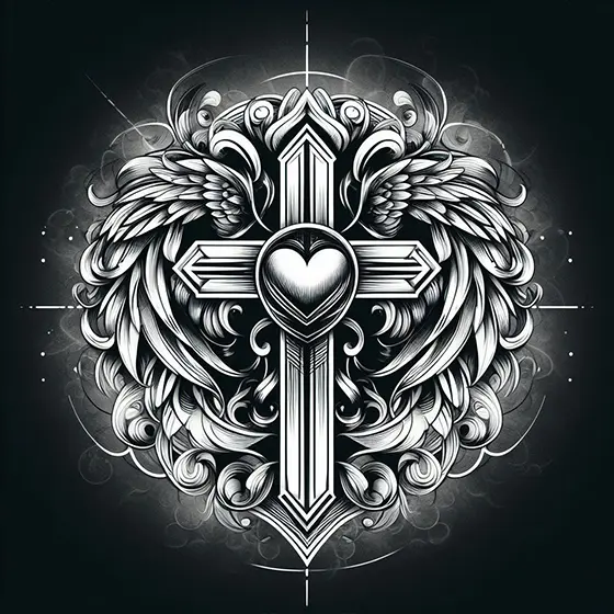 Cross with a heart or angel wings tattoo