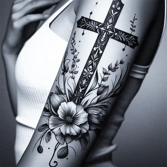 Cross with flowers or vines tattoo 2