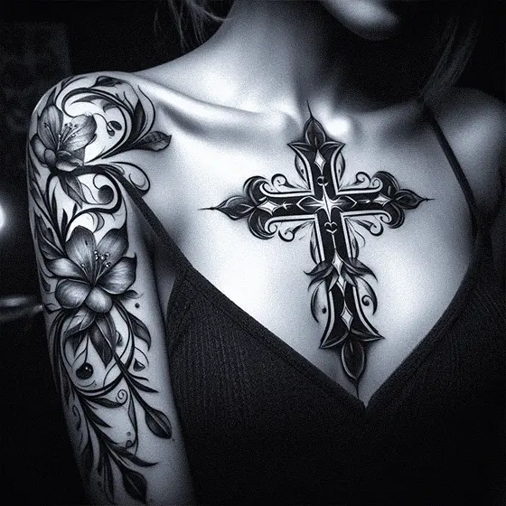 Cross with flowers or vines tattoo